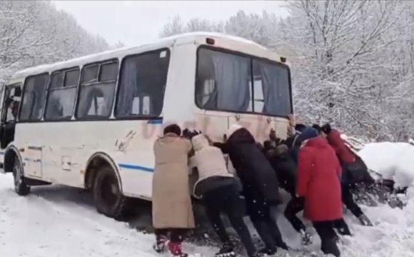 Пасажирки виштовхали автобус, який застряг у снігу. ВІДЕО